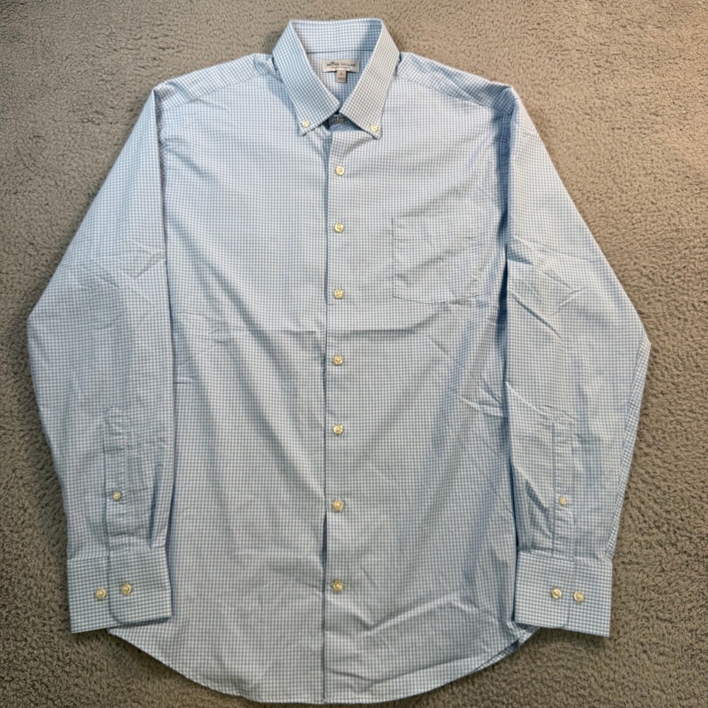 Peter Millar Summer Comfort Blue Gingham Fortinet Logo Shirt Mens Large L